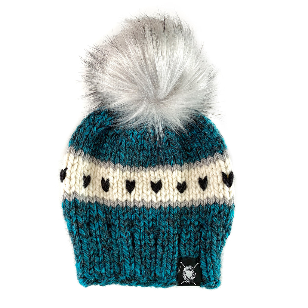 Zero Waste : Stripes + Tiny Hearts Faux Fur Pom-Pom Beanie