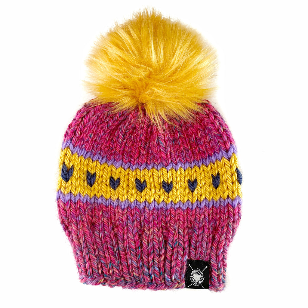 Zero Waste : Stripes + Tiny Hearts Faux Fur Pom-Pom Beanie(wool free)