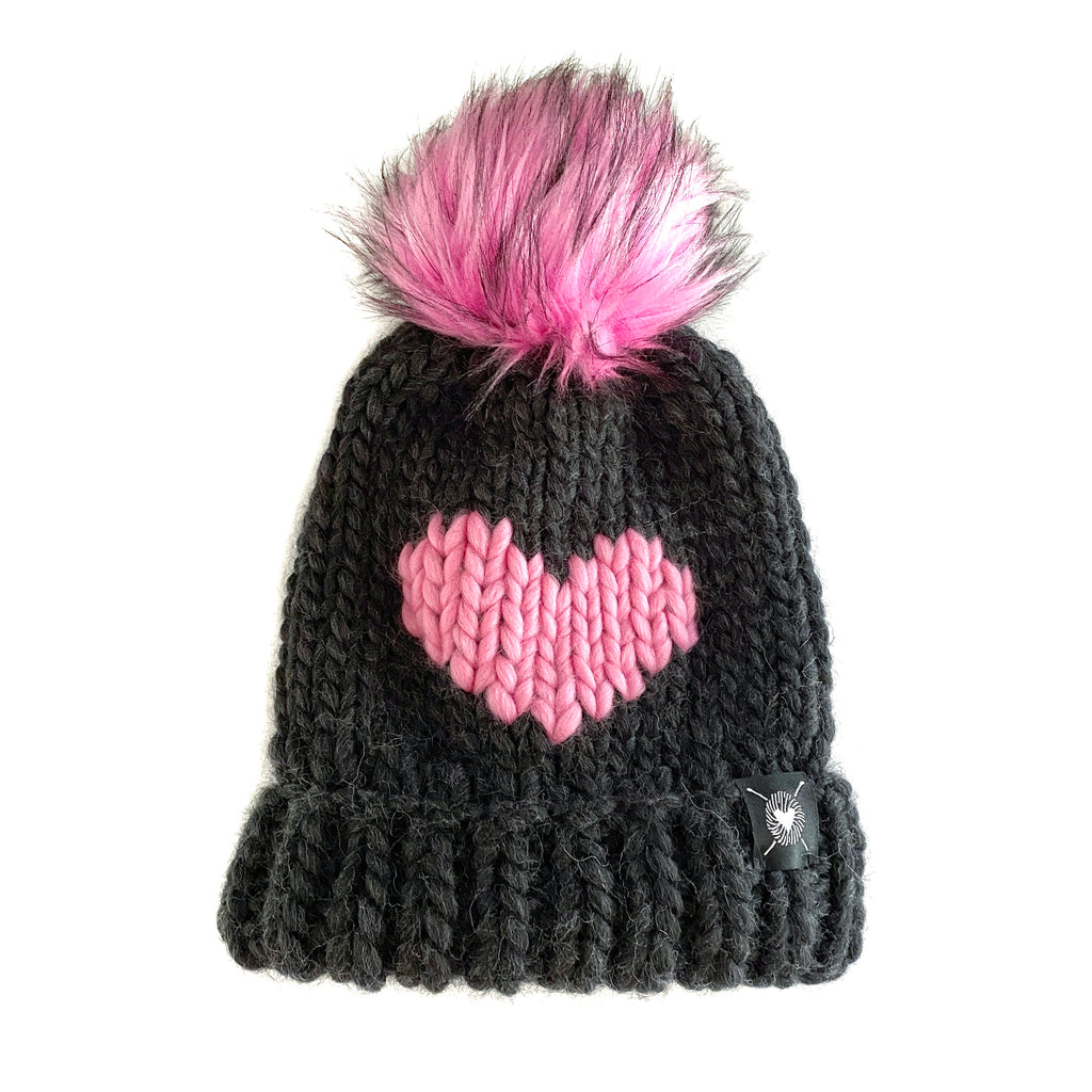 Luxury Big Heart Pom-Pom Beanie in Almost Black + Cotton Candy