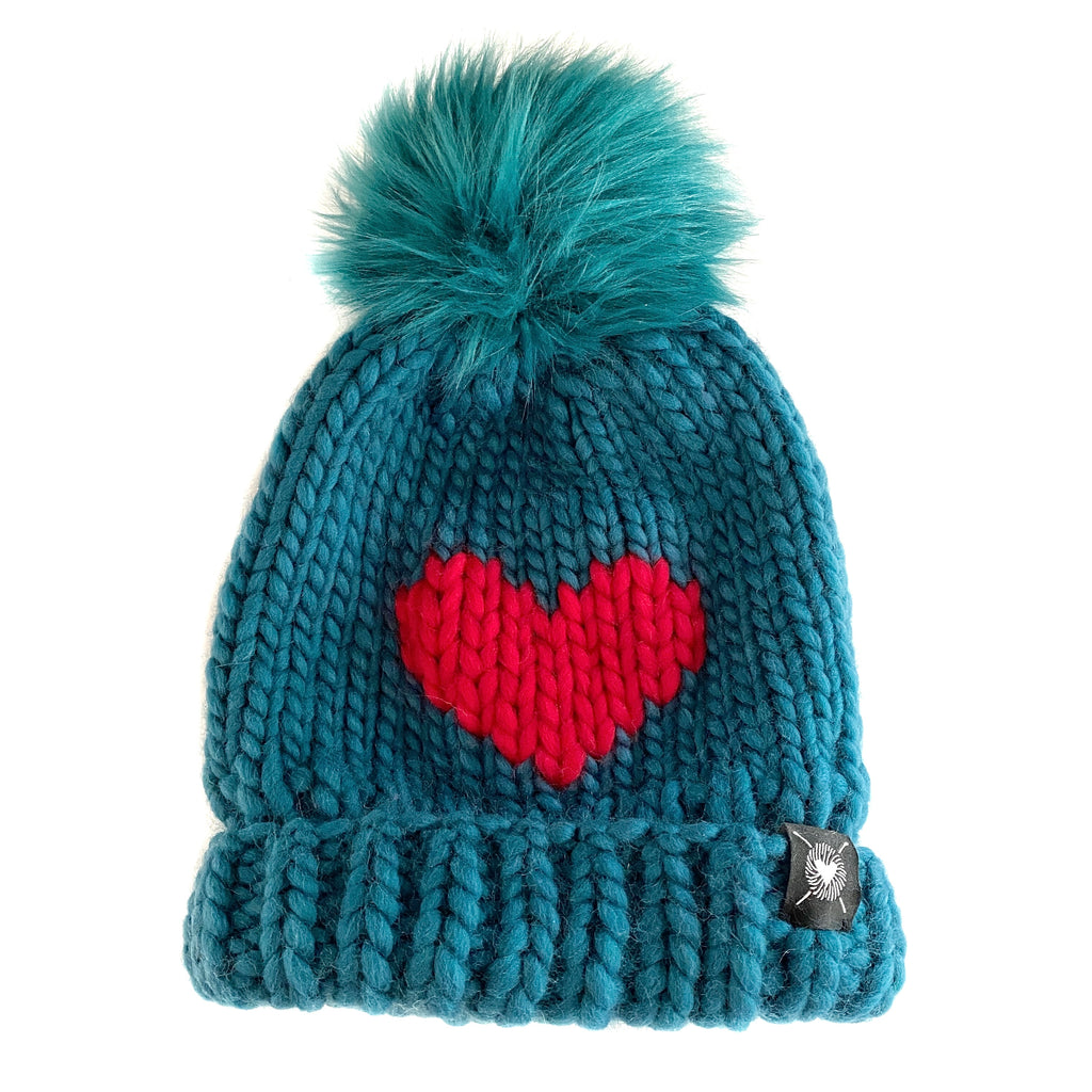 Luxury Big Heart Pom-Pom Beanie in Teal + Red