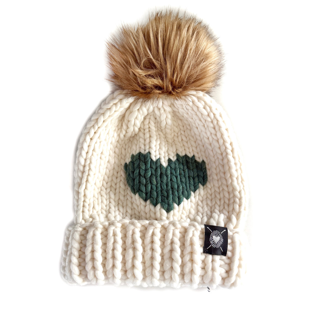 Luxury Big Heart Pom-Pom Beanie in Winter White + Enchanted Forest