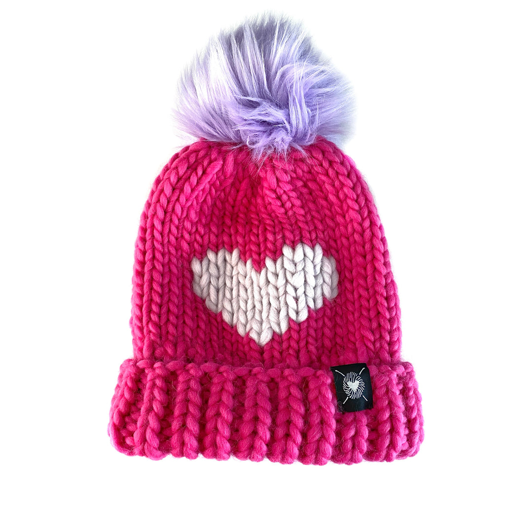 Luxury Big Heart Pom-Pom Beanie in Magenta + Orchid