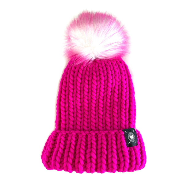 Merino Folded Brim Faux Fur Pom Pom Beanie in Neon Pink