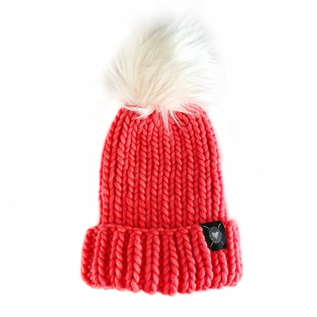 Merino Folded Brim Faux Fur Pom-Pom Beanie in Neon Orange