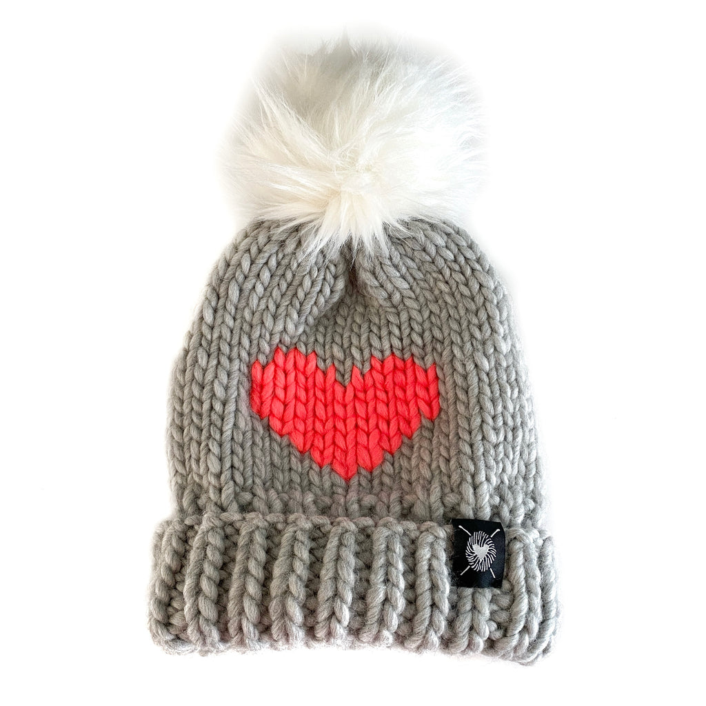 Luxury Big Heart Pom-Pom Beanie in Silver + Neon Orange