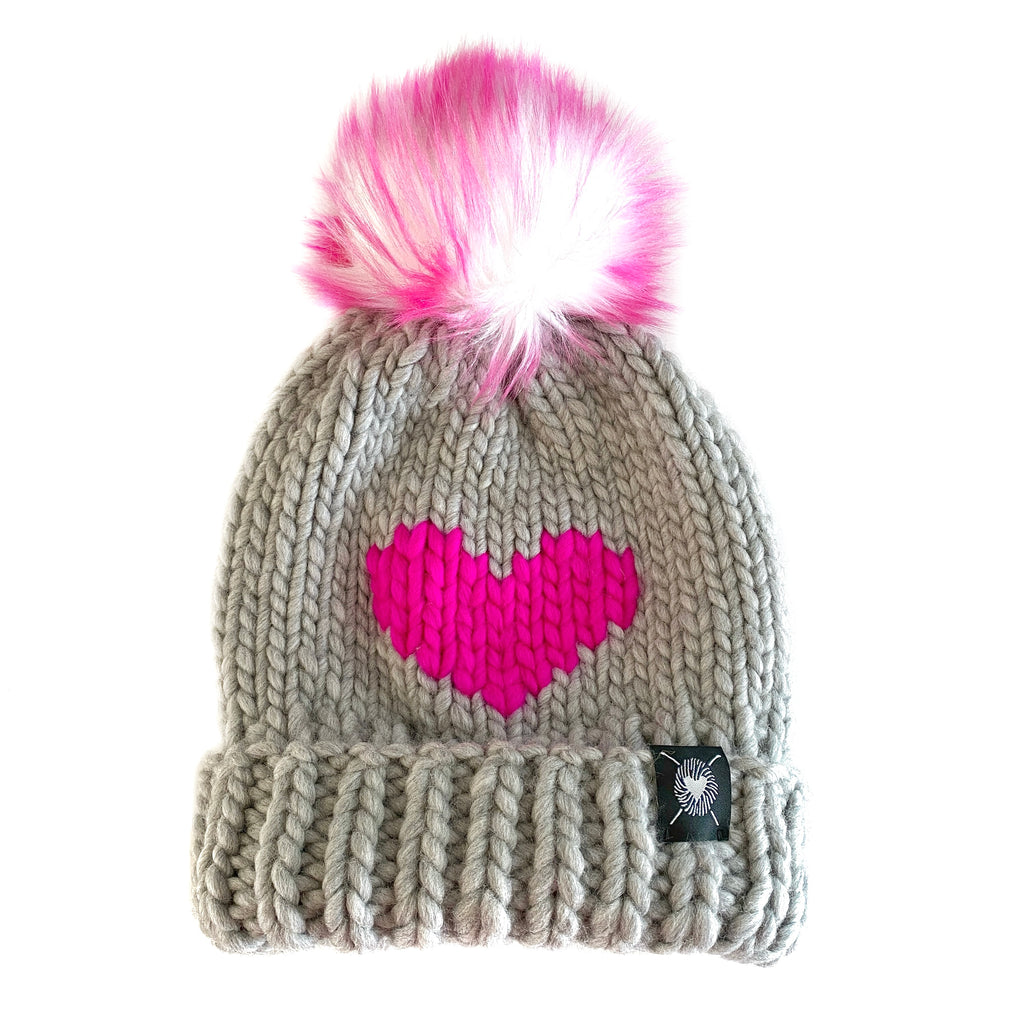 Luxury Big Heart Pom-Pom Beanie in Silver + Neon Pink
