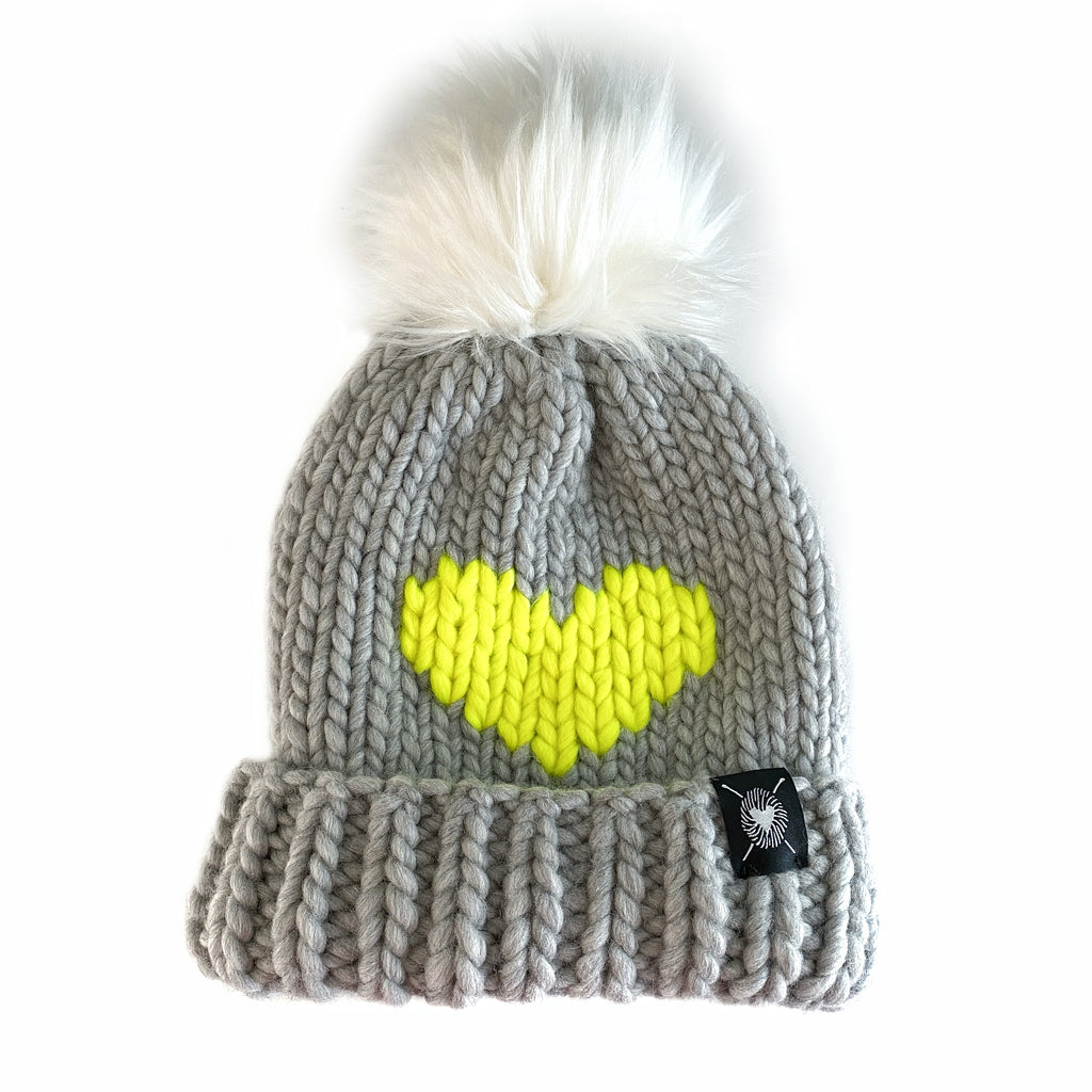 Luxury Big Heart Pom-Pom Beanie in Silver + Neon Yellow