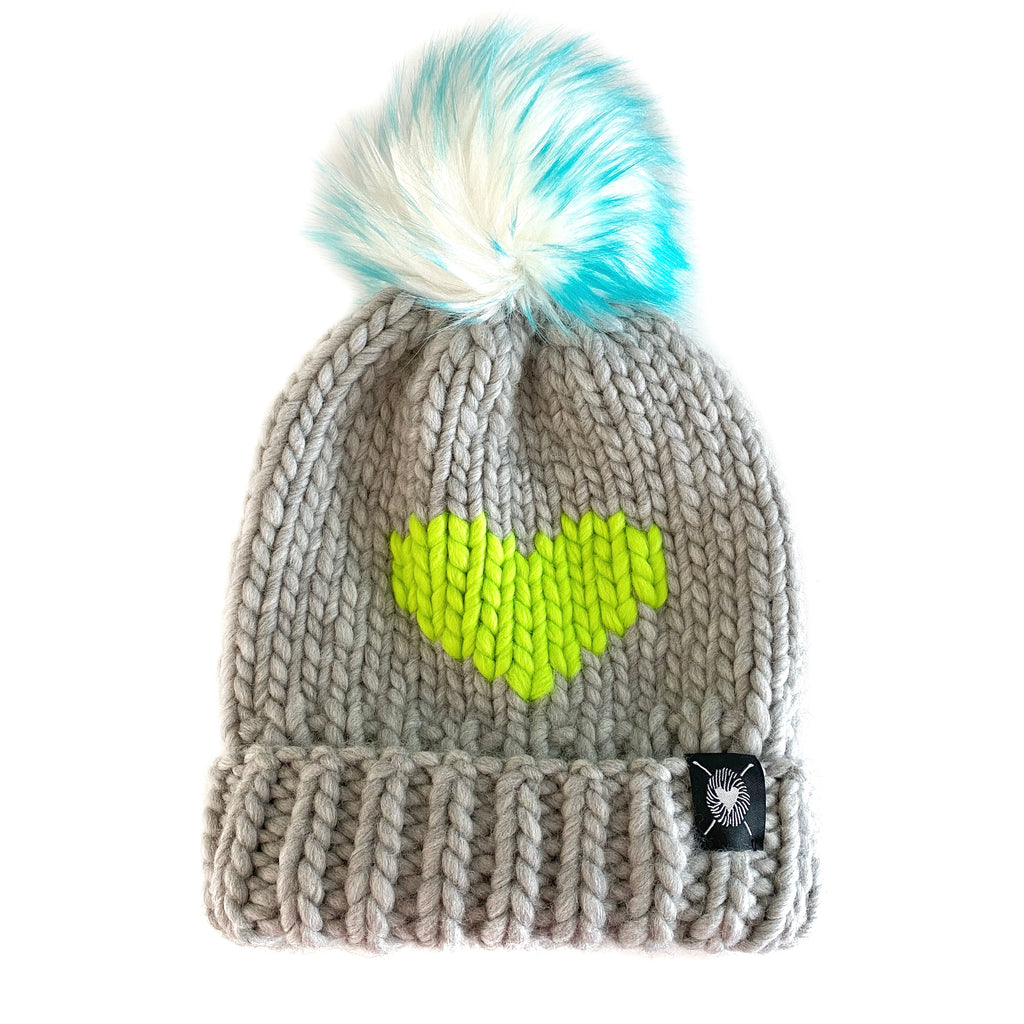 Luxury Big Heart Pom-Pom Beanie in Silver + Neon Green