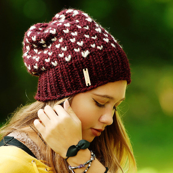 Tiny Hearts Slouchy Beanie in Claret, Beanie, Nickichicki - Nickichicki