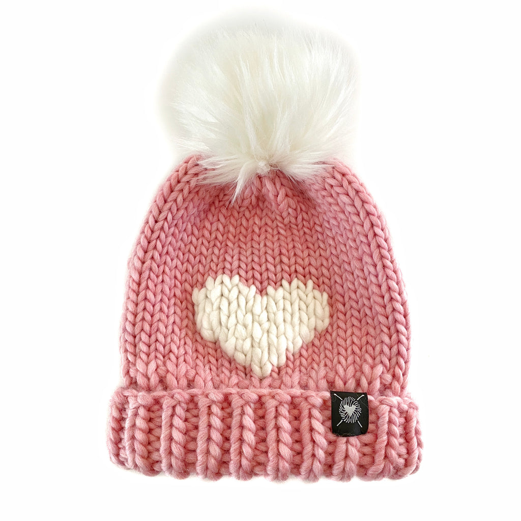 Luxury Big Heart Pom-Pom Beanie in Strawberry Milk