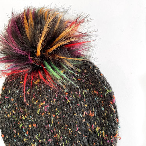 Solid Tweed Faux Fur Pom-Pom Beanie in Dark Rainbow(wool free)