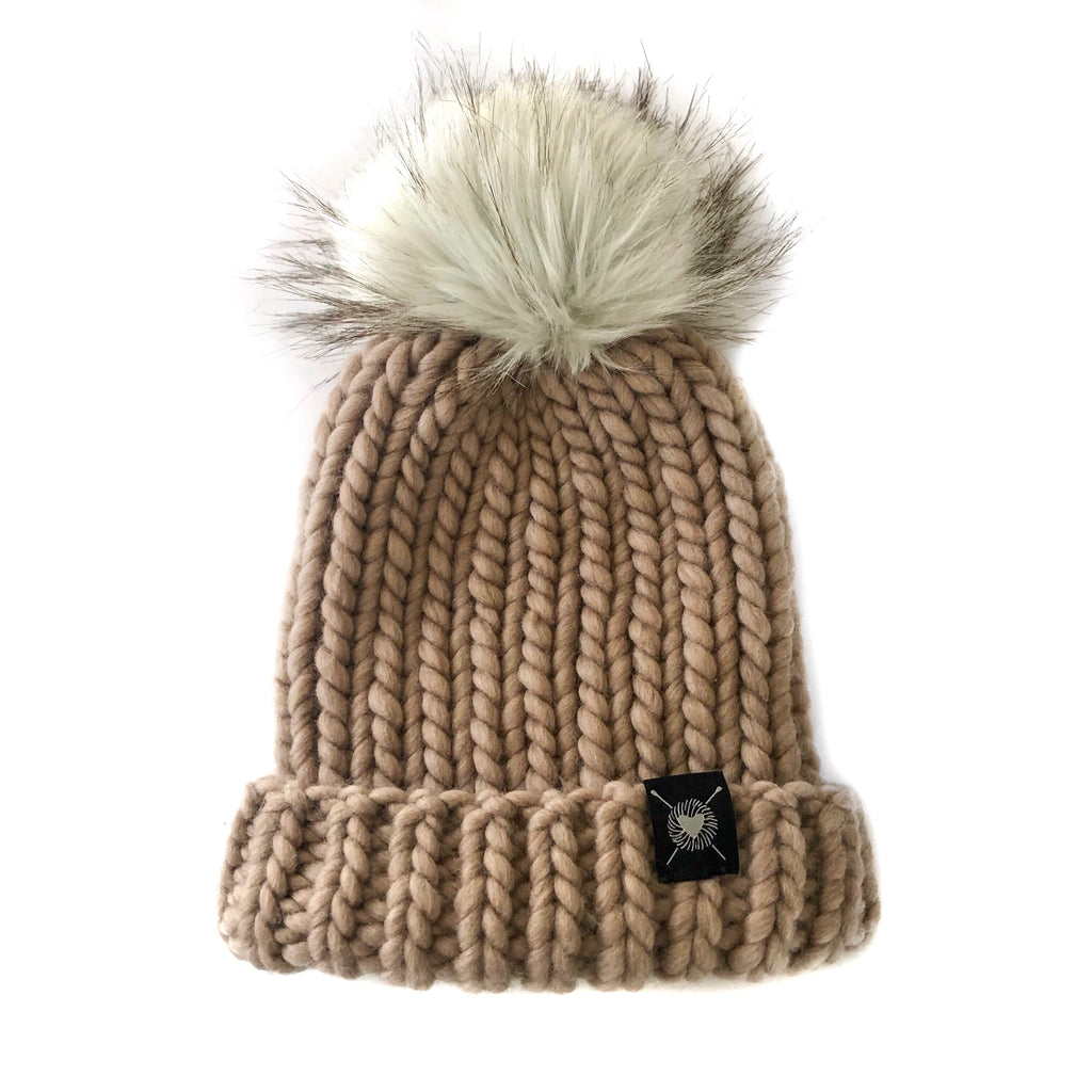 Merino Folded Brim Faux Fur Pom-Pom Beanie in Greige + Ibex