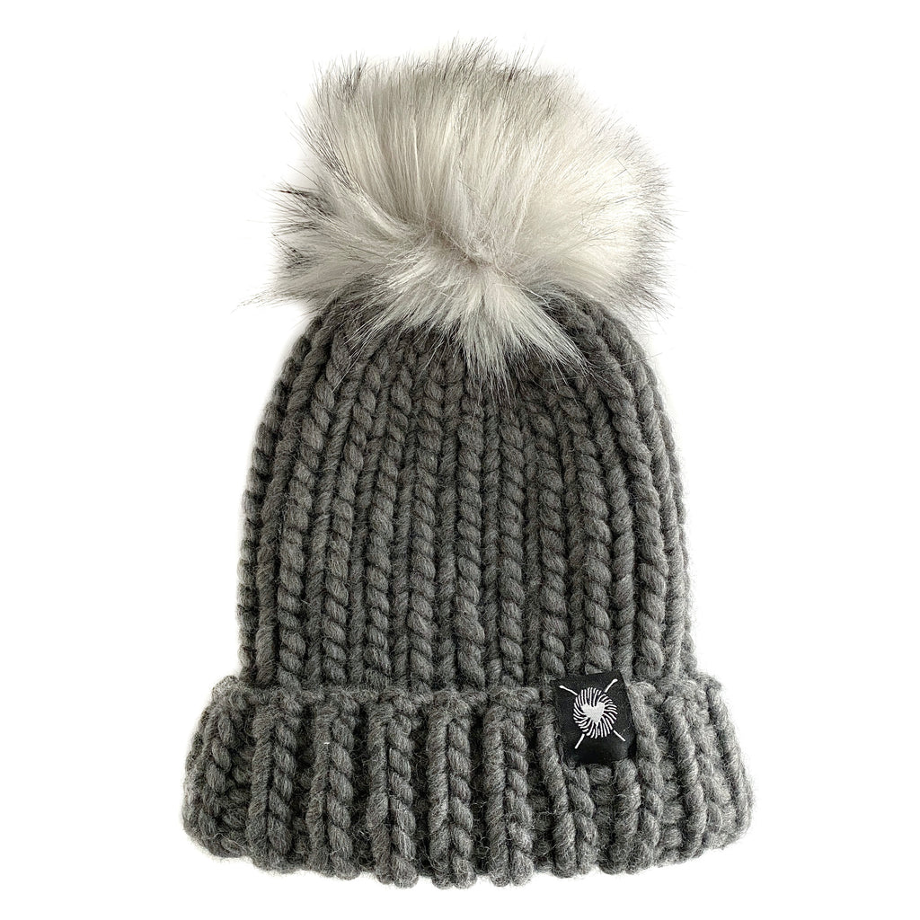 Merino Folded Brim Faux Fur Pom-Pom Beanie in Charcoal + Fox