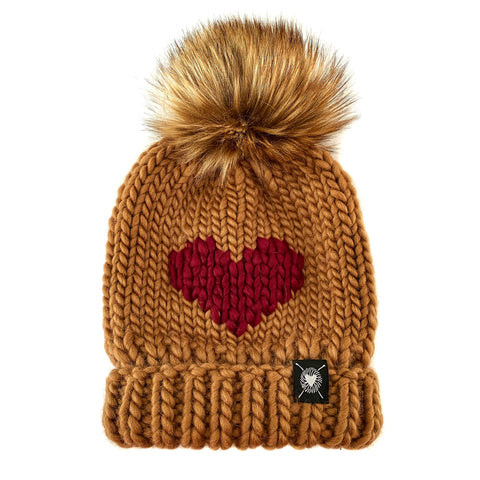 Luxury Big Heart Pom-Pom Beanie in Caramel + Cabernet