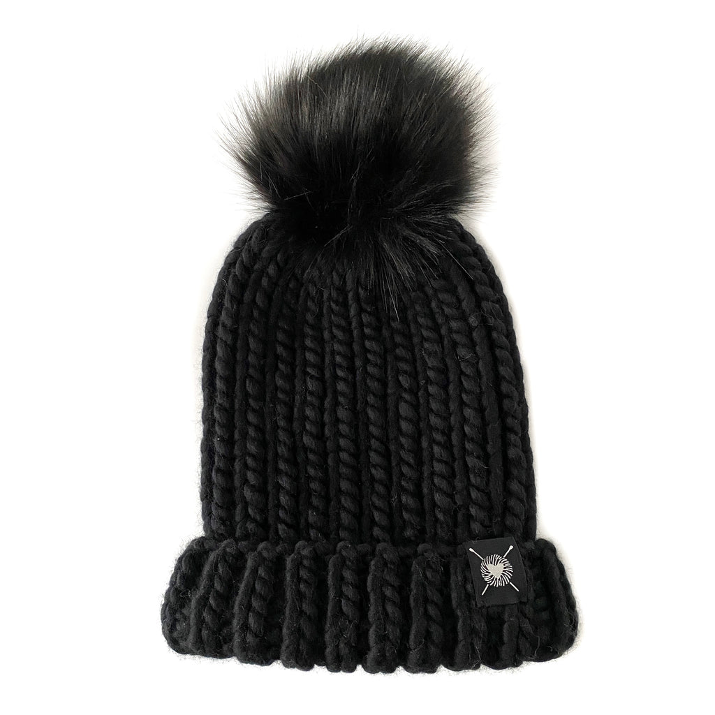 Merino Folded Brim Faux Fur Pom-Pom Beanie in Blackout