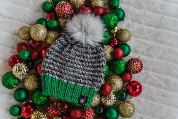 Skinny Stripe Faux Fur Beanie in Emerald(wool free)
