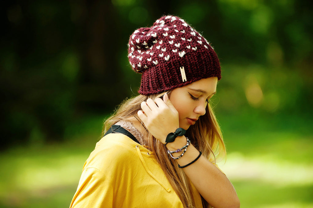 Tiny Hearts Slouchy Beanie in Claret, Beanie, Nickichicki - Nickichicki