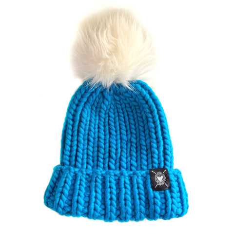 Merino Folded Brim Faux Fur Pom-Pom Beanie in Neon Blue