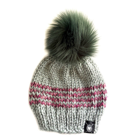 Zero Waste : Four Stripe Faux Fur Pom-Pom Beanie (Wool Free)
