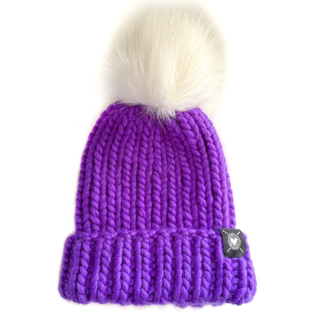 Merino Folded Brim Faux Fur Pom-Pom Beanie in Neon Purple