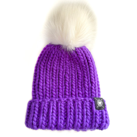 Merino Folded Brim Faux Fur Pom-Pom Beanie in Neon Purple