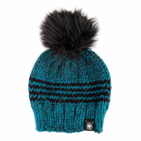 Zero Waste : Four Stripe Faux Fur Pom-Pom Beanie