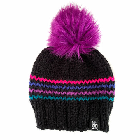 Zero Waste : Four Stripe Faux Fur Pom-Pom Beanie