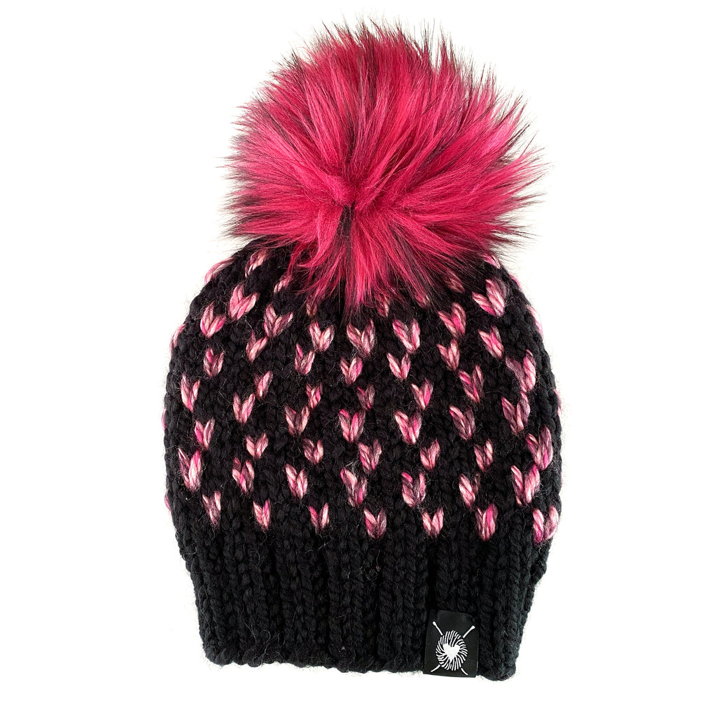 Tiny Hearts Faux Fur Pom-Pom Beanie in Dark Raspberry