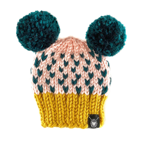 Double Pom-Pom Beanie in Golden Blush Baby/Youth(wool free)