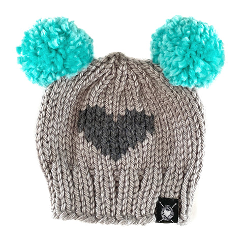 Double Pom-Pom Beanie in Pop of Teal Heart Baby/Youth(wool free)