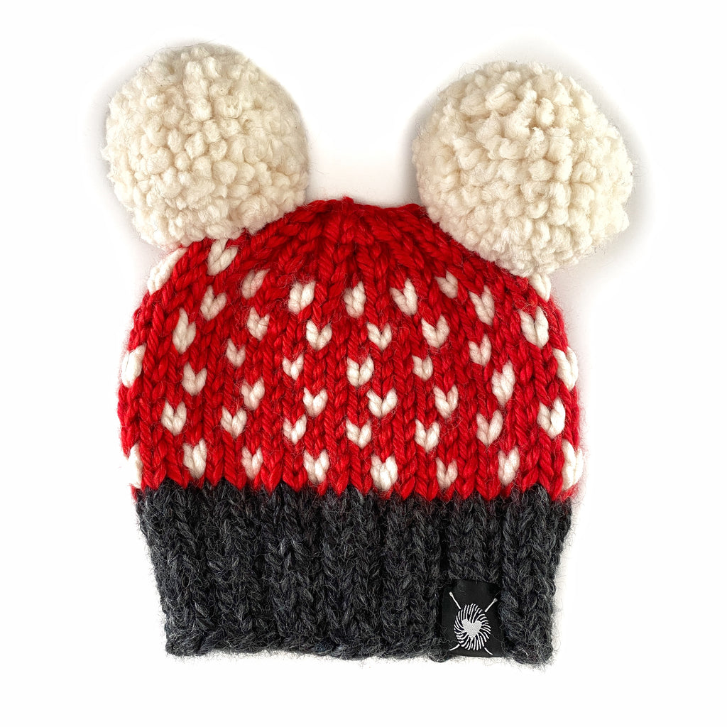 Double Pom-Pom Beanie in Red Hearts Baby/Youth