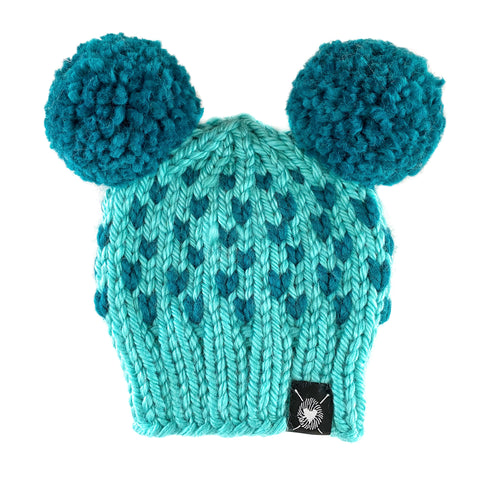 Double Pom-Pom Beanie in Teal Hearts Baby/Youth