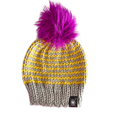 Zero Waste : Skinny Stripe Faux Fur Pom-Pom Beanie (Wool Free)