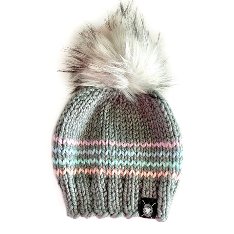 Zero Waste : Four Stripe Faux Fur Pom-Pom Beanie
