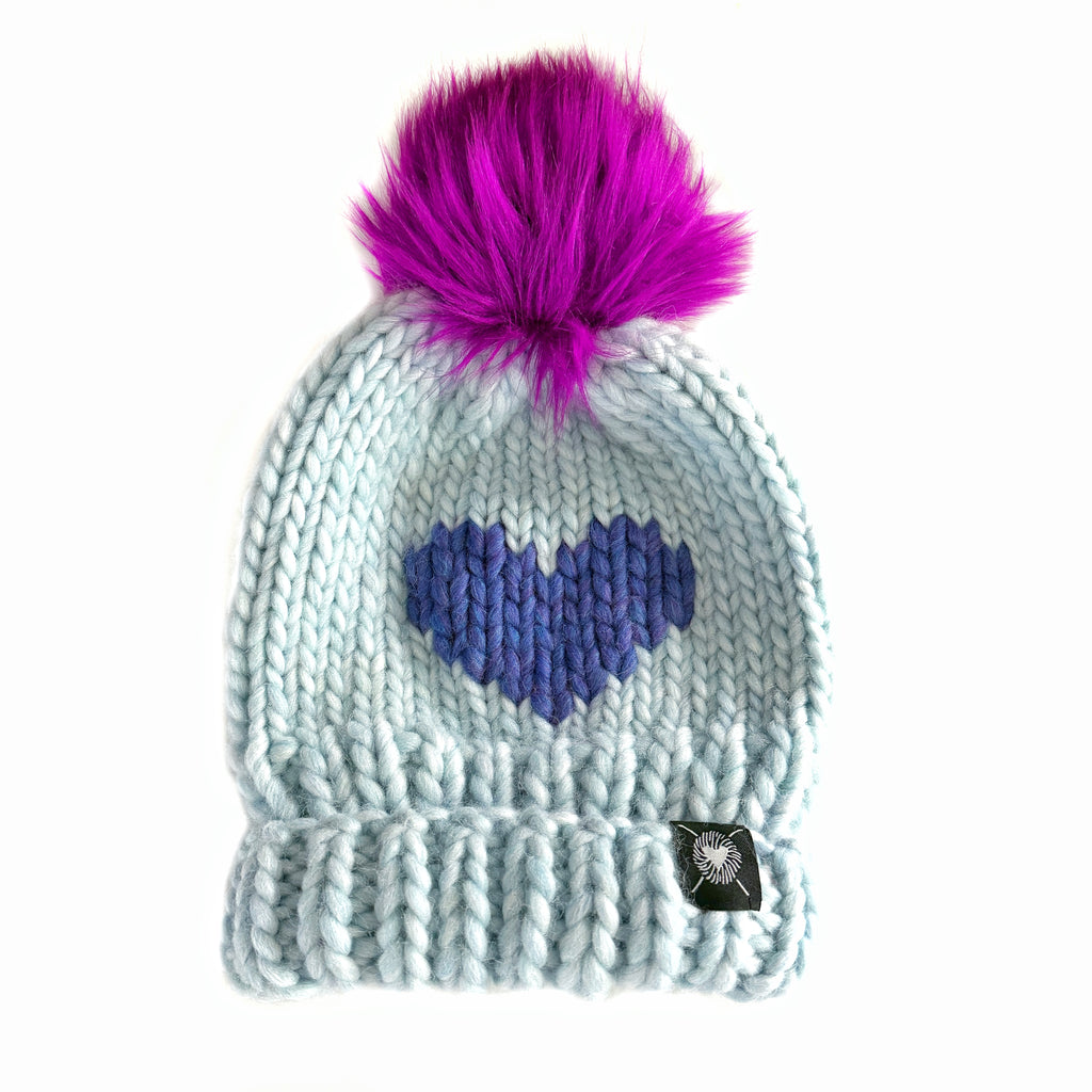 Luxury Big Heart Pom-Pom Beanie in Sea Glass + Unicorn