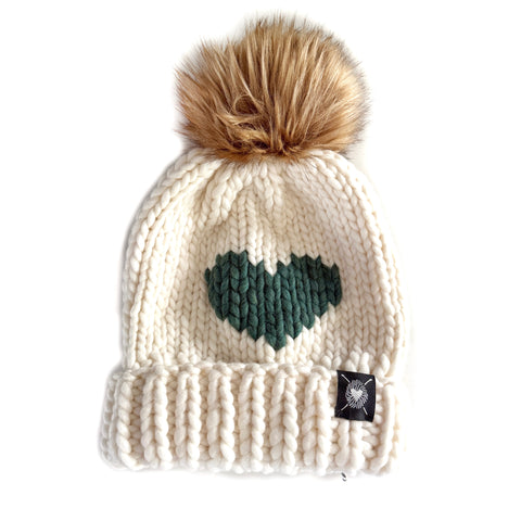 Luxury Big Heart Pom-Pom Beanie in Winter White + Enchanted Forest