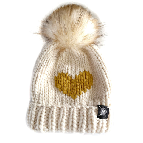 Luxury Big Heart Pom-Pom Beanie in Winter White + Golden Birch