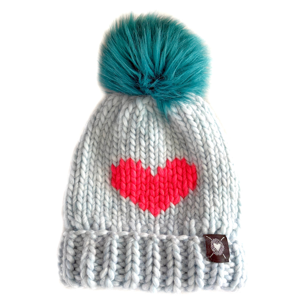 Luxury Big Heart Pom-Pom Beanie in Sea Glass + Neon Orange