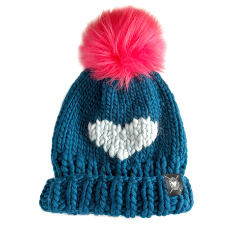 Luxury Big Heart Pom-Pom Beanie in Teal + Sea Glass
