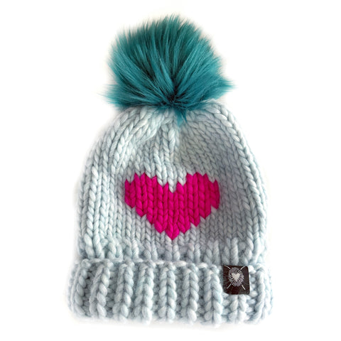 Luxury Big Heart Pom-Pom Beanie in Sea Glass + Neon Pink