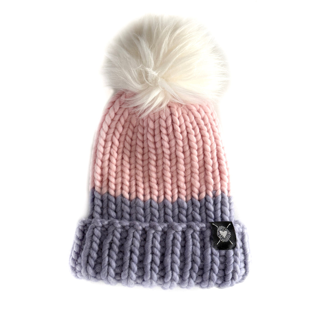 Merino Folded Brim Faux Fur Pom-Pom Beanie in Blushing Storm