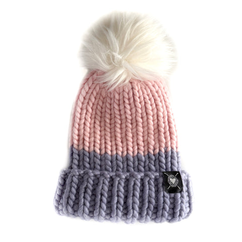 Merino Folded Brim Faux Fur Pom-Pom Beanie in Blushing Storm
