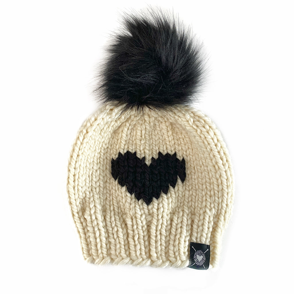 Big Heart Faux Fur Pom-Pom Beanie in Snow Lover