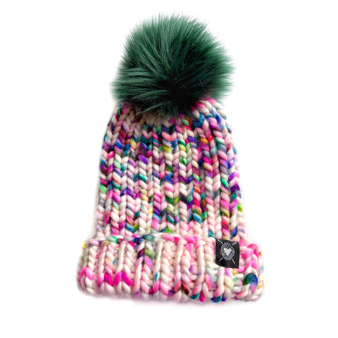 One of a Kind Hand-dyed Merino Folded Brim Faux Fur Pom-Pom Beanie