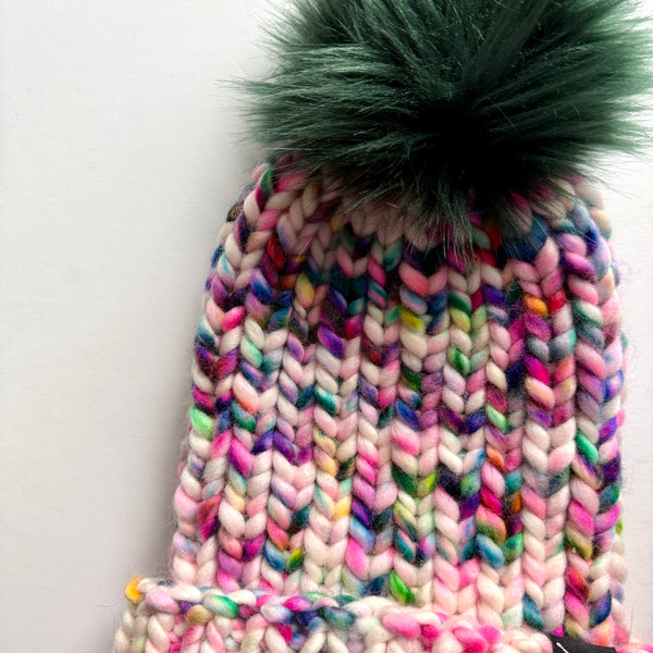 One of a Kind Hand-dyed Merino Folded Brim Faux Fur Pom-Pom Beanie