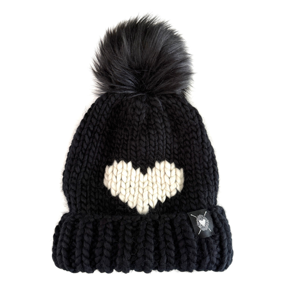 Big Heart Pom-Pom Beanie in Black + Winter White