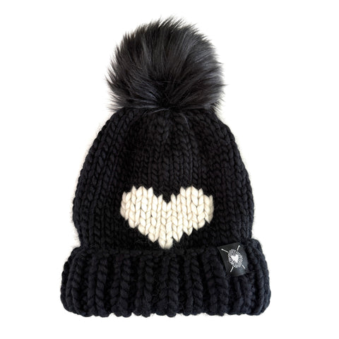 Big Heart Pom-Pom Beanie in Black + Winter White