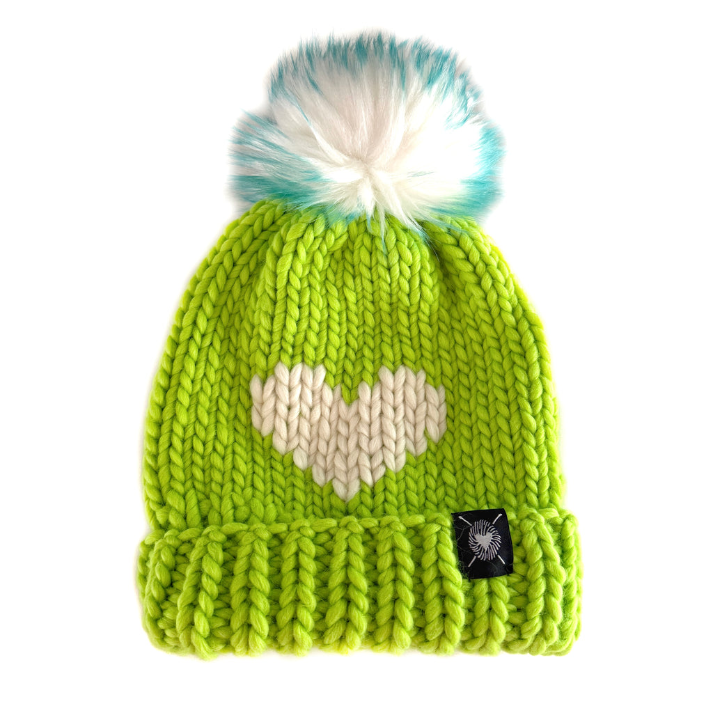 Luxury Big Heart Pom-Pom Beanie in Neon Green + Winter White