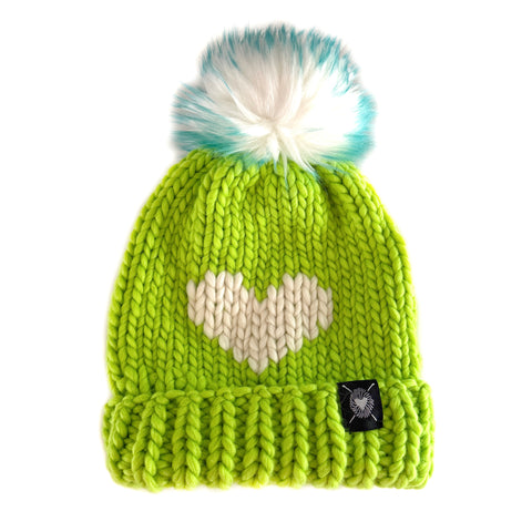 Luxury Big Heart Pom-Pom Beanie in Neon Green + Winter White