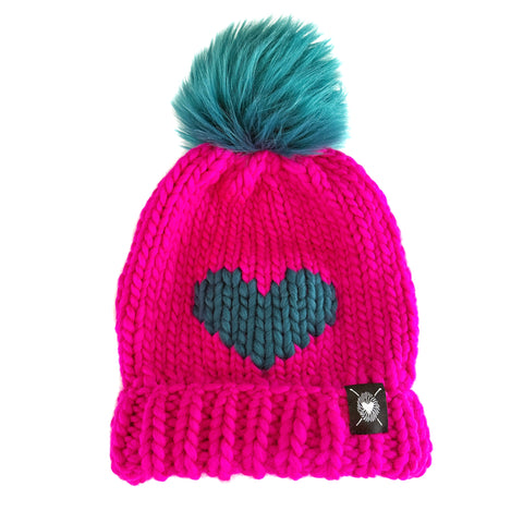 Luxury Big Heart Pom-Pom Beanie in Neon Pink + Teal